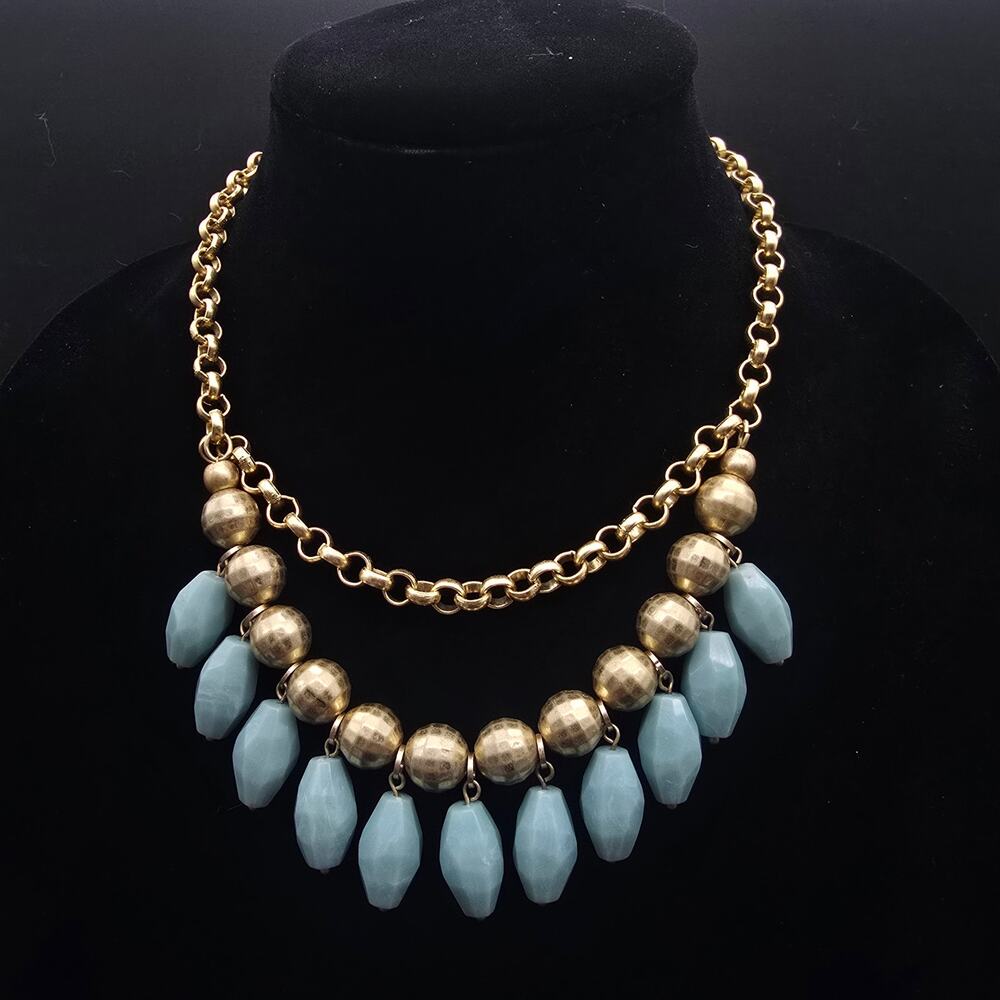 Lia Sophia Cabana Necklace Blue Gold Tone Beaded Bib Statement 2000s